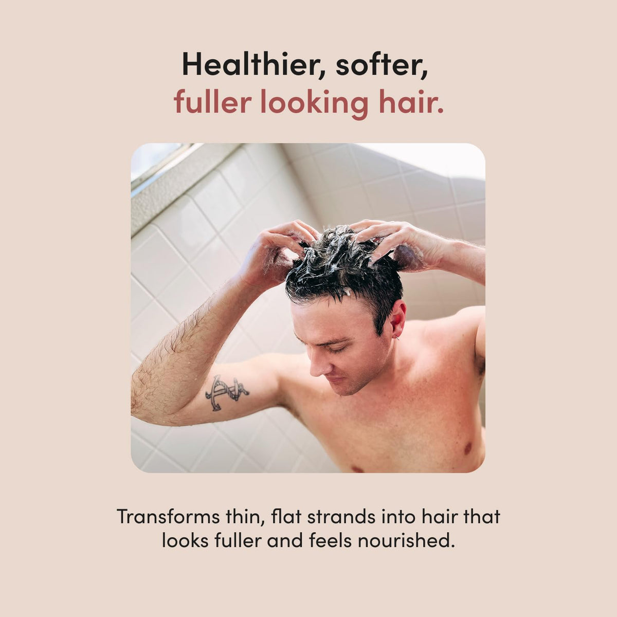 HIMS & HERS Thick Fix Shampoo and Conditioner set on a bathroom shelf