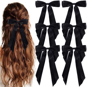 hisial 6Pcs Hair Bows Clips black satin ribbon front view