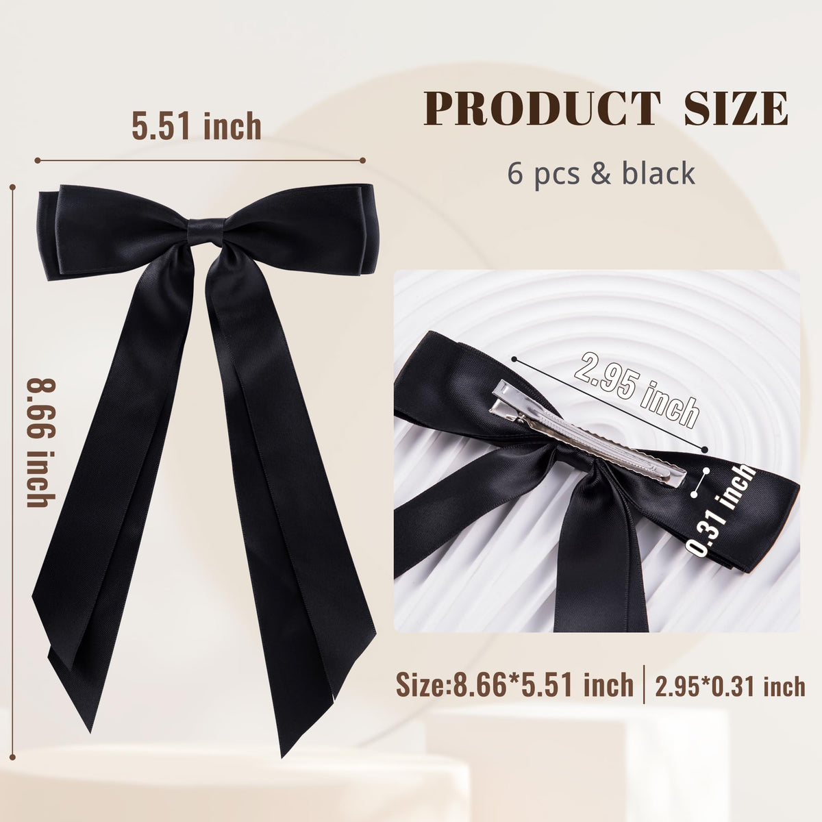 hisial Hair Bows Clips black satin ribbon side view