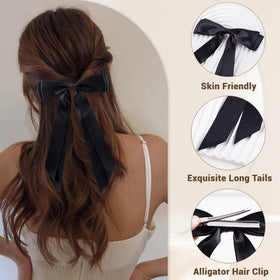 hisial Hair Bows Clips black satin ribbon with long tails