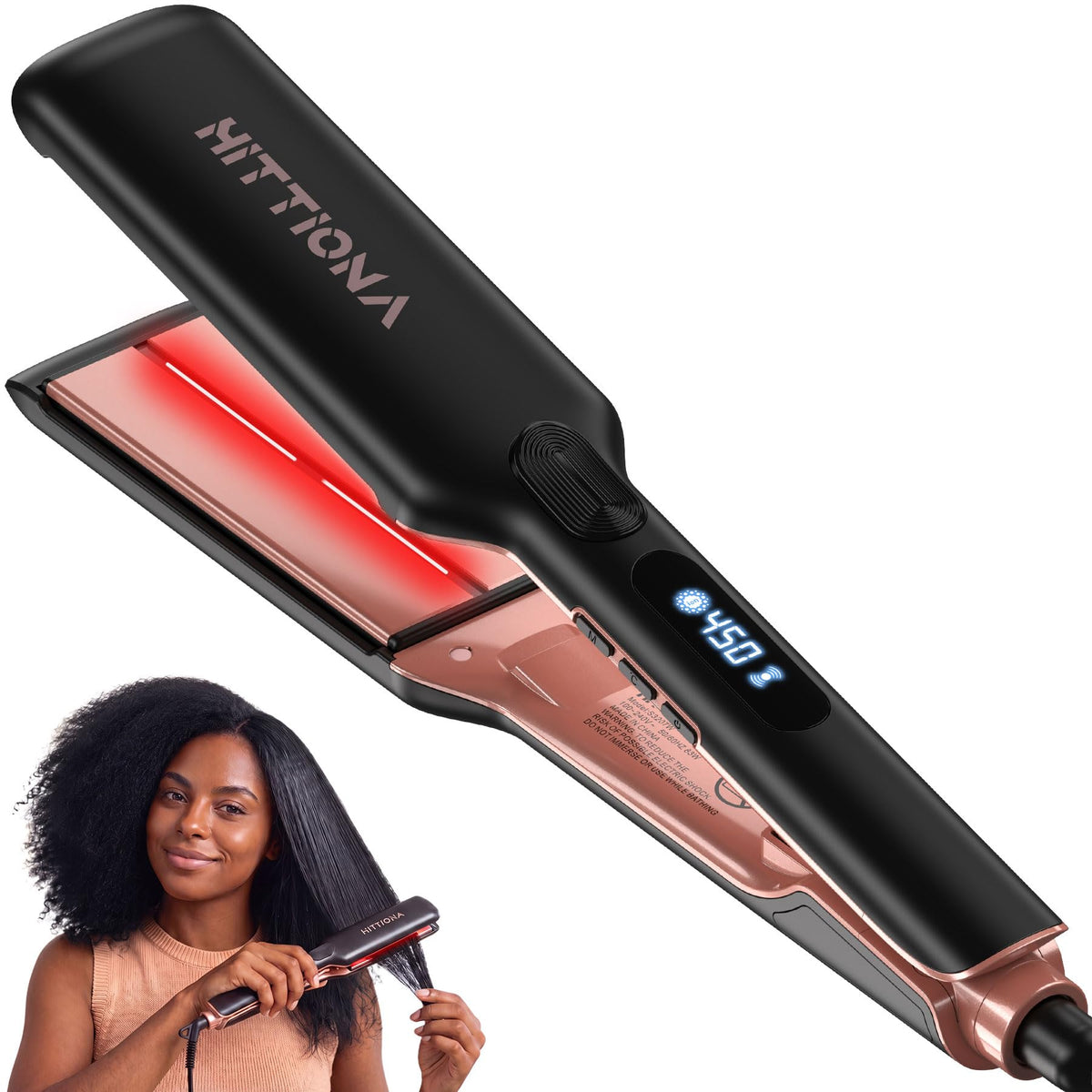 HITTIONA Ceramic Hair Straightener front view with wide plates