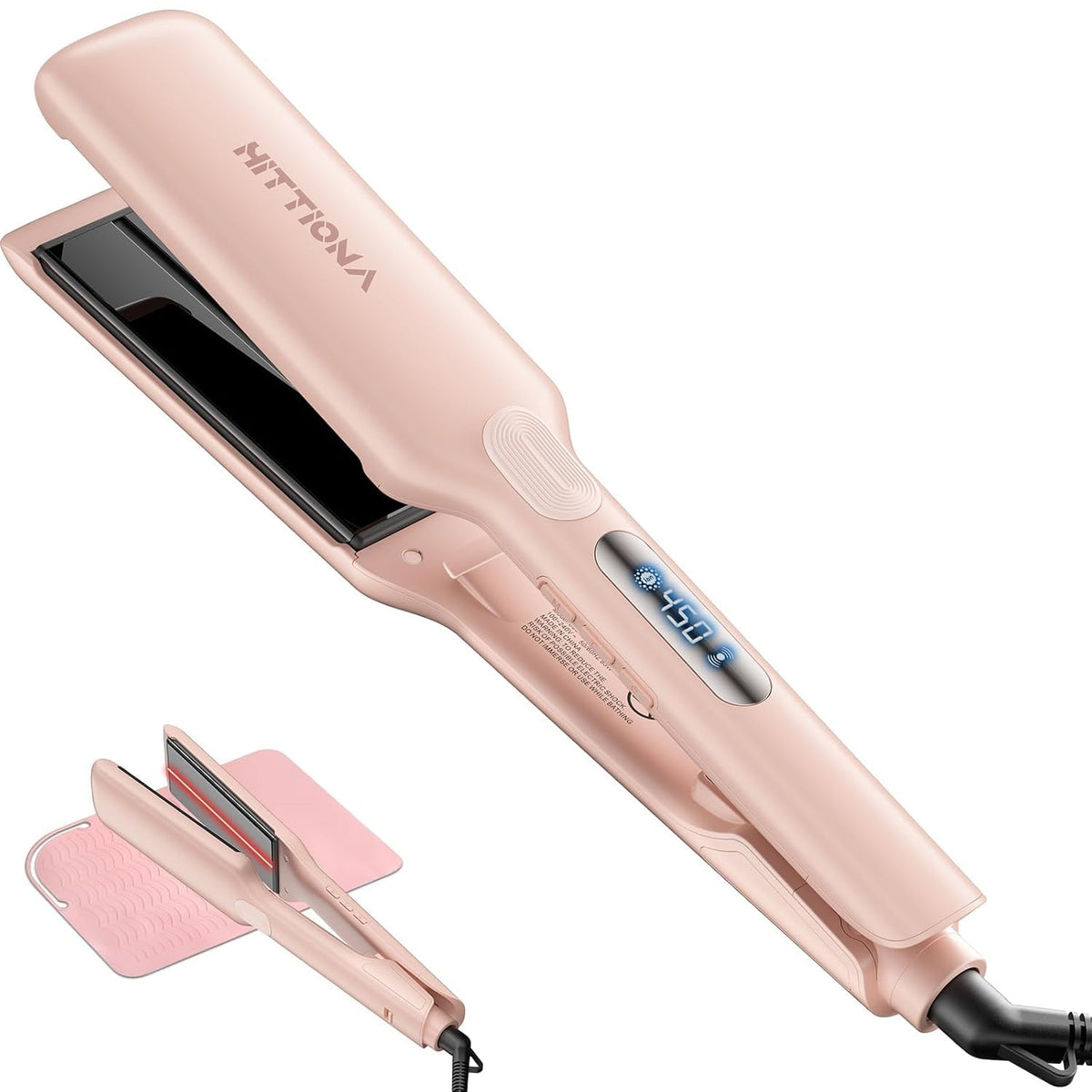 HITTIONA Wide Ceramic Hair Straightener front view in pink