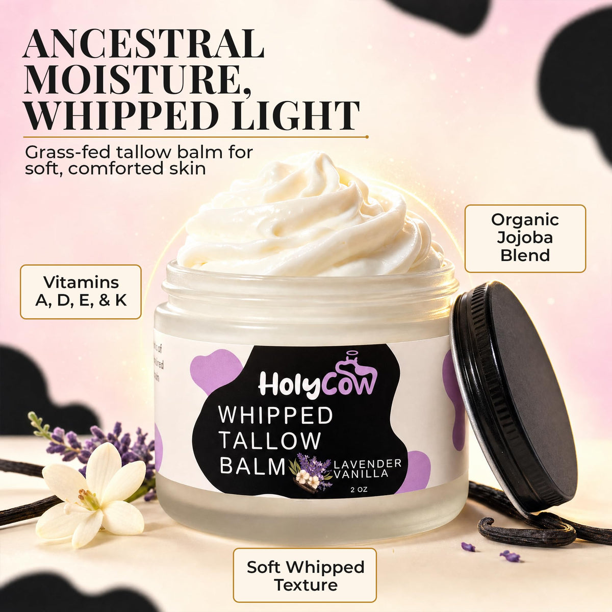 HolyCow Beef Tallow Body Butter 2 Oz Lavender Vanilla whipped texture close-up