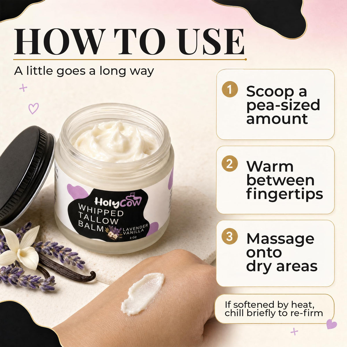 HolyCow Beef Tallow Body Butter 2 Oz Lavender Vanilla with lavender flowers