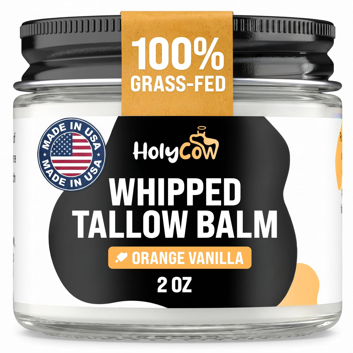 HolyCow Beef Tallow jar with lid off showing whipped texture