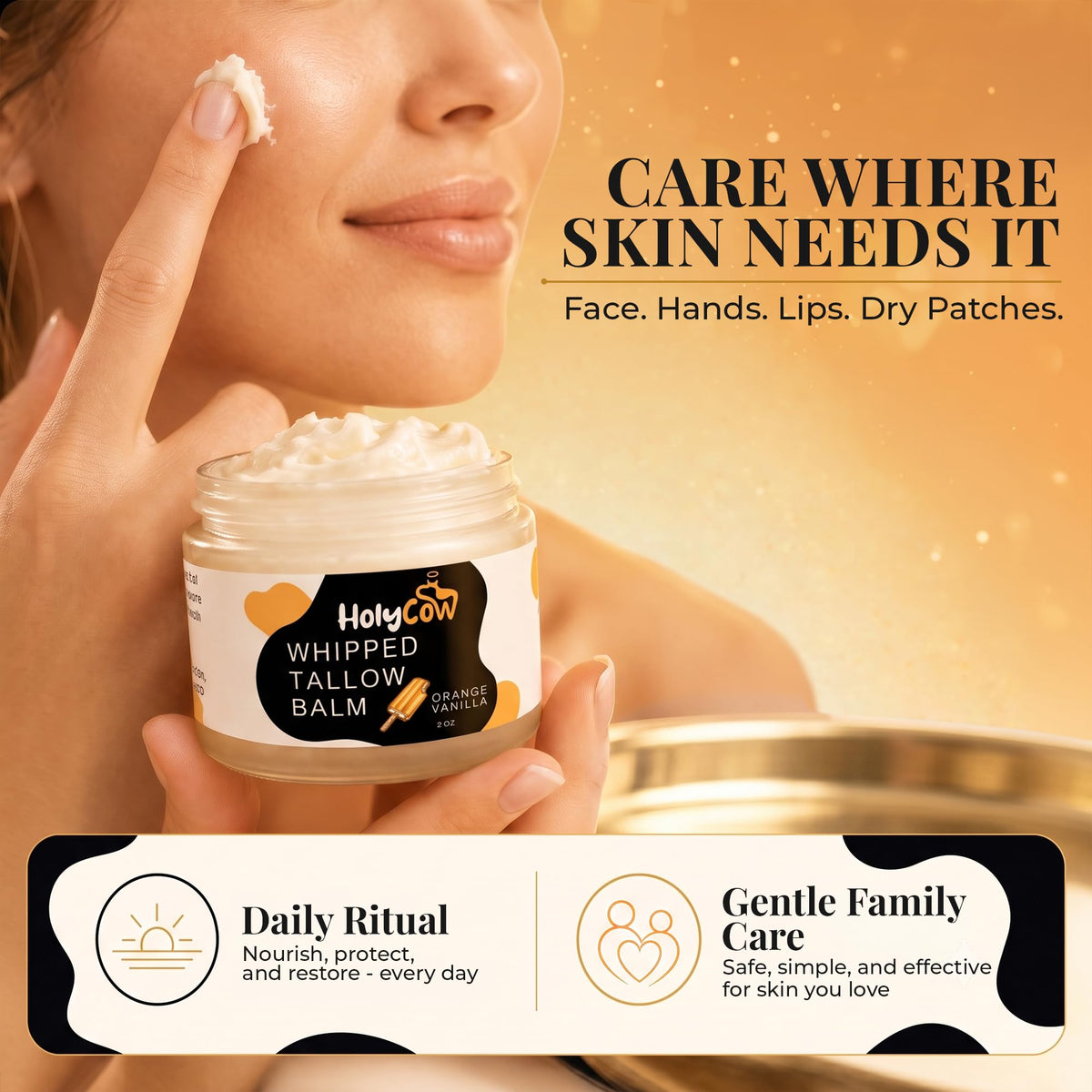 HolyCow Beef Tallow moisturizer with orange and vanilla essence