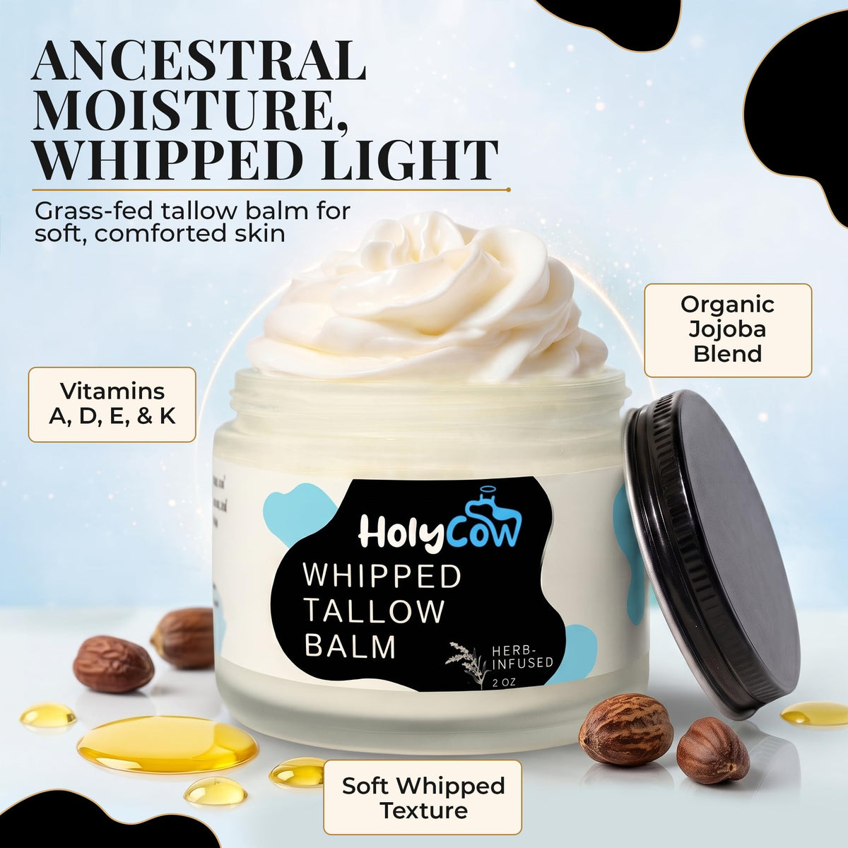 HolyCow Grass Fed Beef Tallow Moisturizer jar with whipped texture