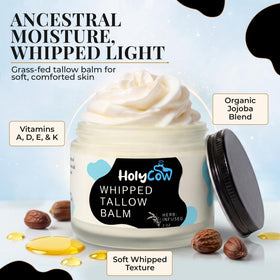 HolyCow Grass Fed Beef Tallow Moisturizer jar with whipped texture