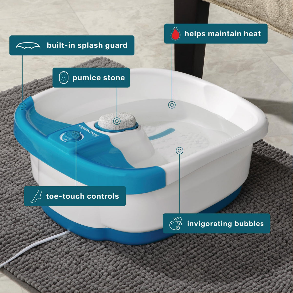 Homedics Bubble Mate Foot Spa in use with water and bubbles