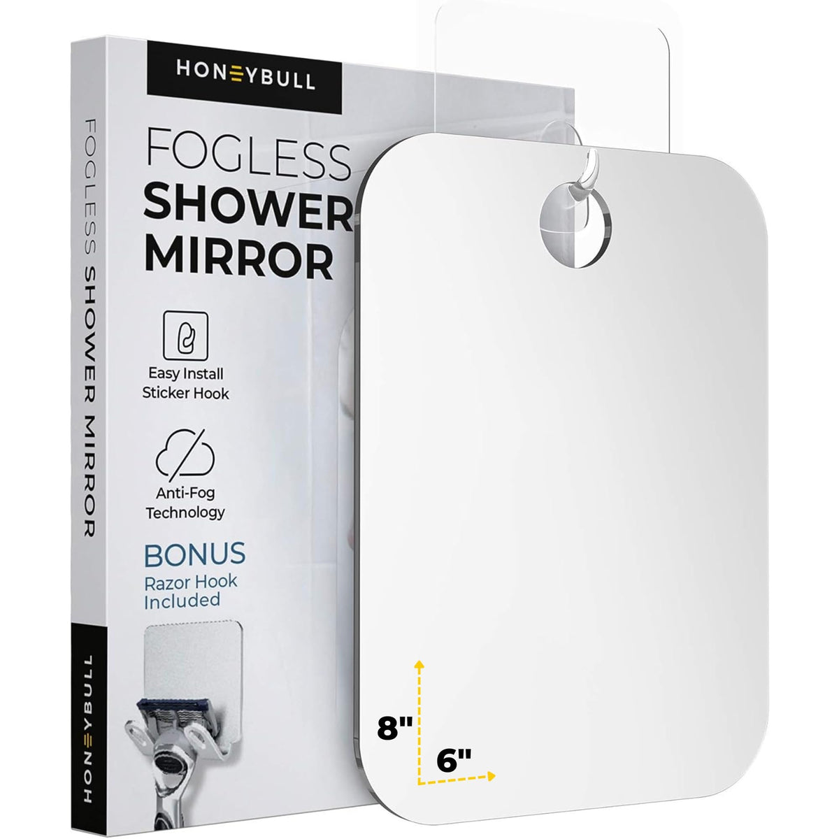 HONEYBULL Fogless Shower Mirror front view, 6x8in