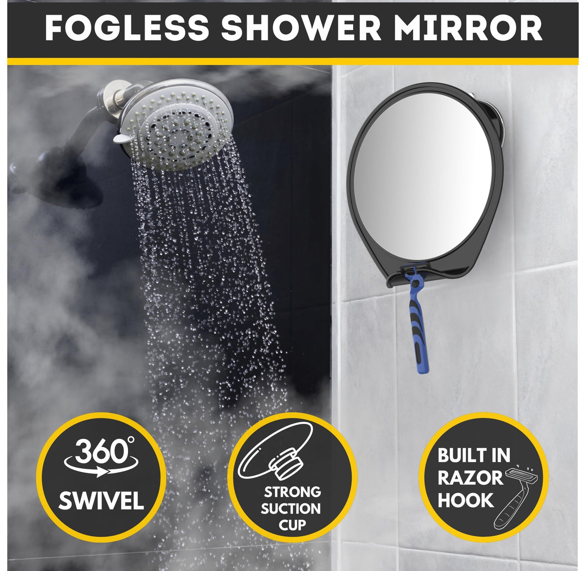 HONEYBULL Fogless Shower Mirror showing crystal clear reflection