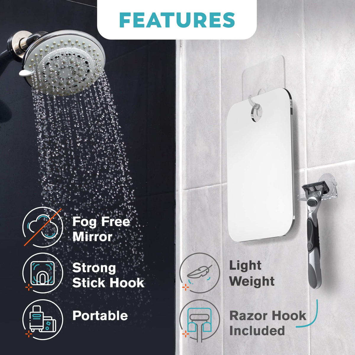 HONEYBULL Fogless Shower Mirror side view, showing anti-fog coating