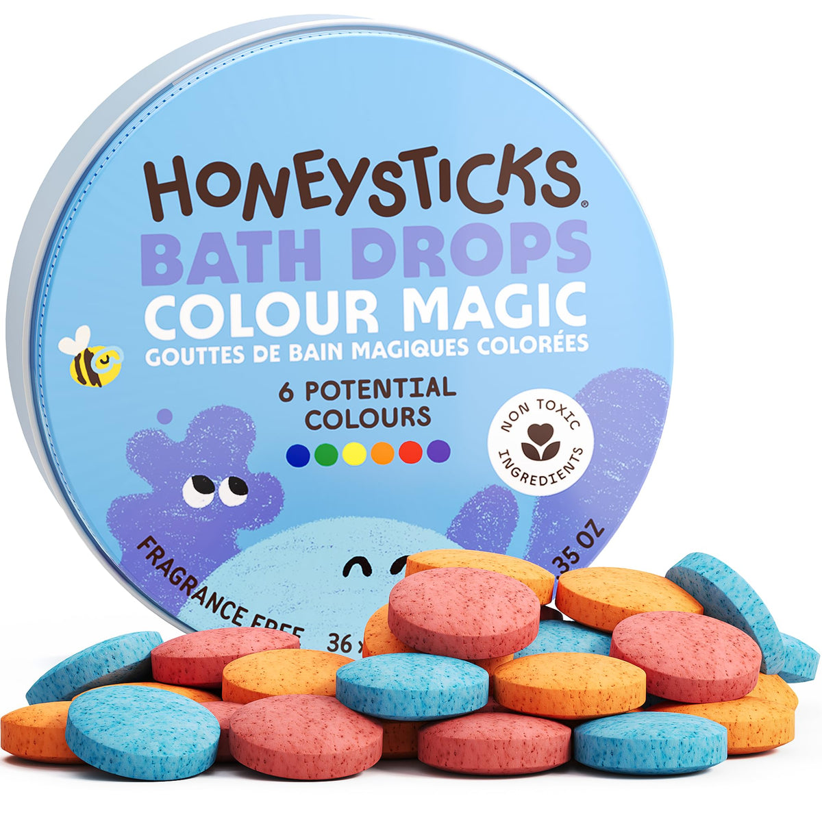 Honeysticks Bath Color Tablets 36 Drops in recyclable tin