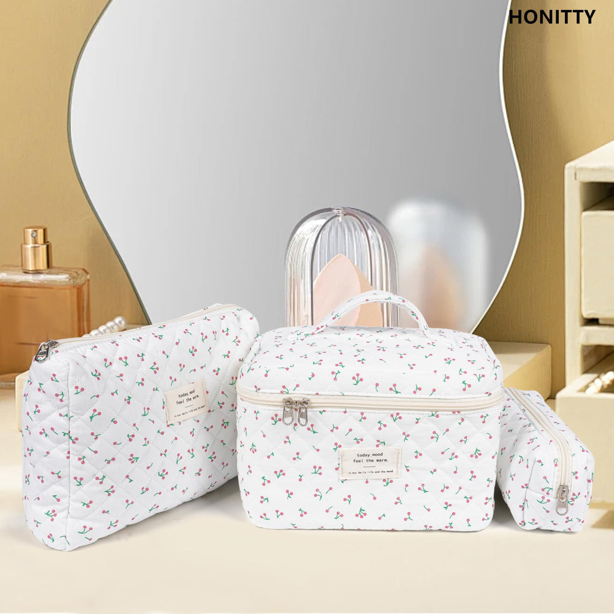 honitty cotton makeup bag set with various items inside