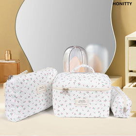 honitty cotton makeup bag set with various items inside
