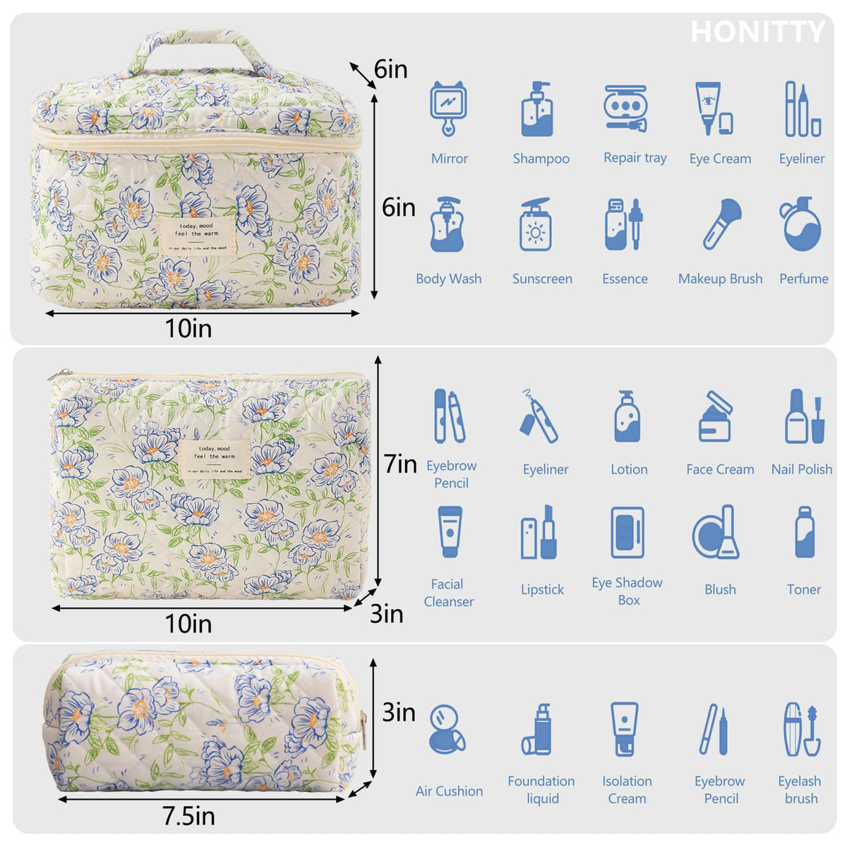 honitty Floral Makeup Bag in various sizes