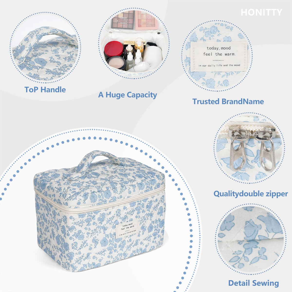 honitty Floral Makeup Bag open with organized compartments