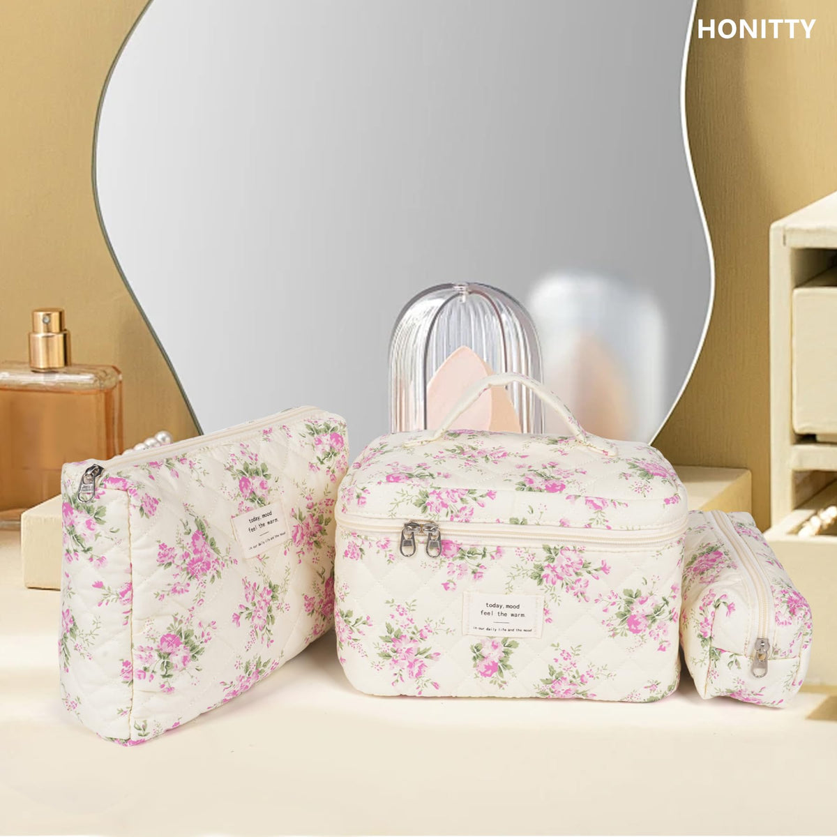 honitty Floral Makeup Bag Set displayed with travel essentials