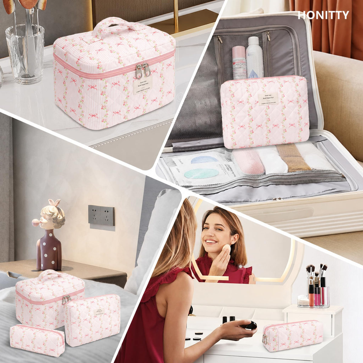 honitty Floral Makeup Bag Set on a dresser