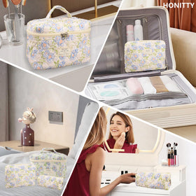 honitty Floral Makeup Bag set packed in a suitcase