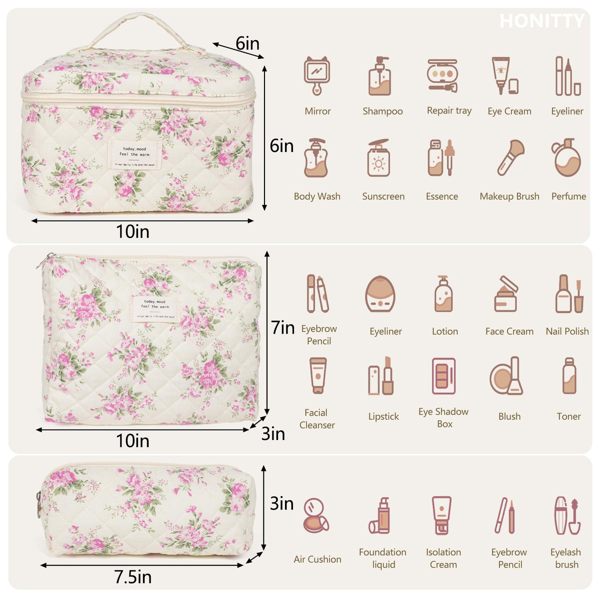 honitty Floral Makeup Bag Set showing floral pattern detail