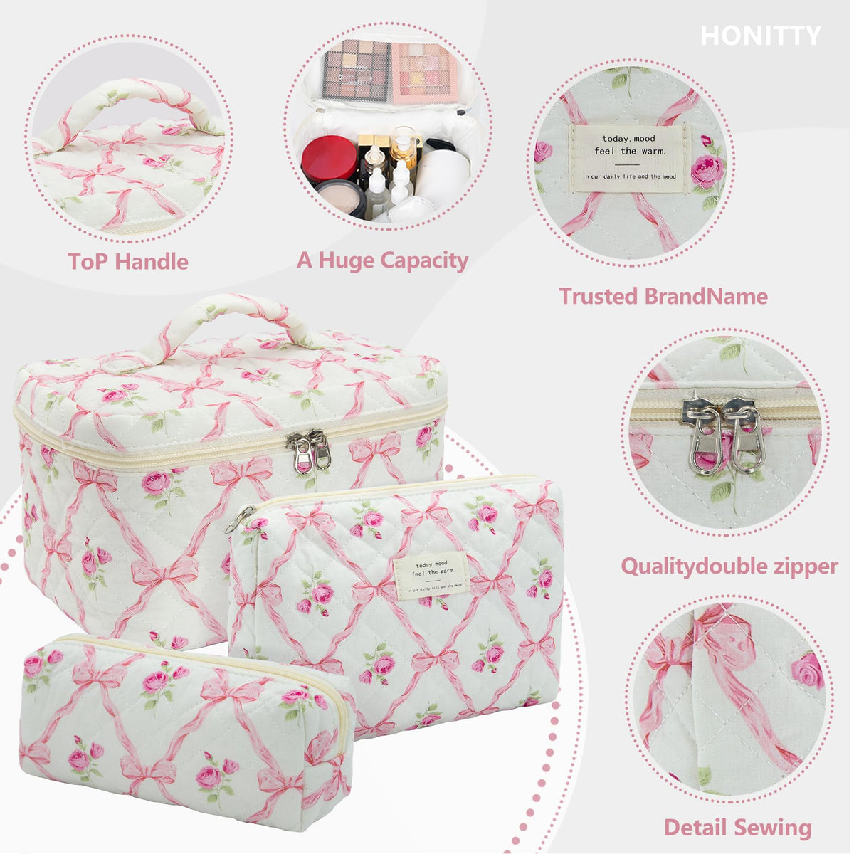 honitty Floral Makeup Bag Set side view with upgraded zip