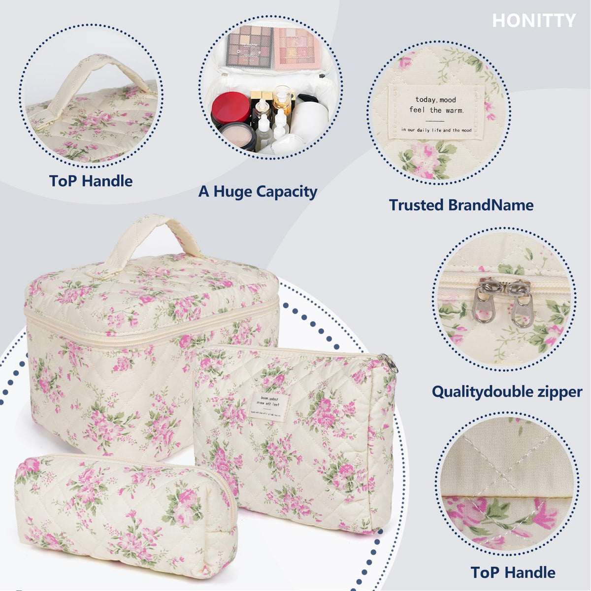honitty Floral Makeup Bag Set side view with zipper