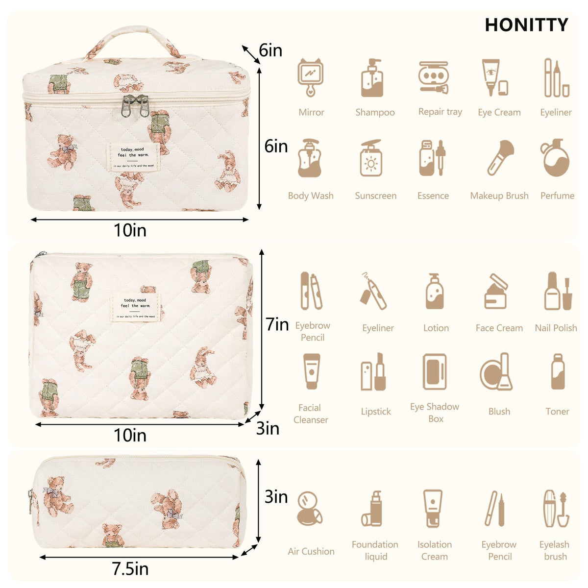 honitty Floral Makeup Bag Set three sizes displayed together