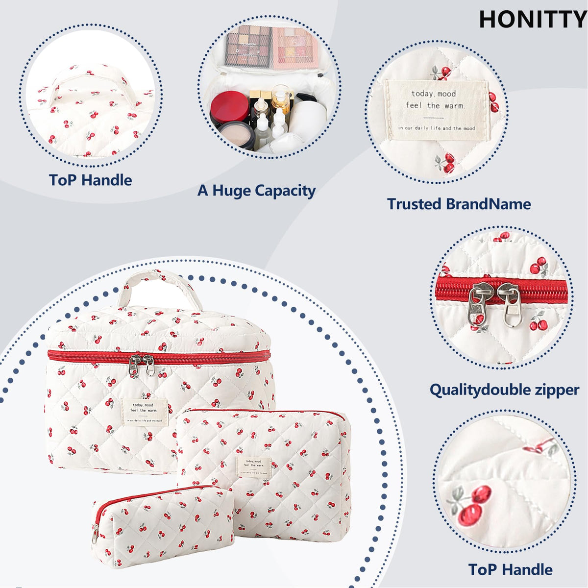 honitty floral makeup bag with upgraded zipper detail