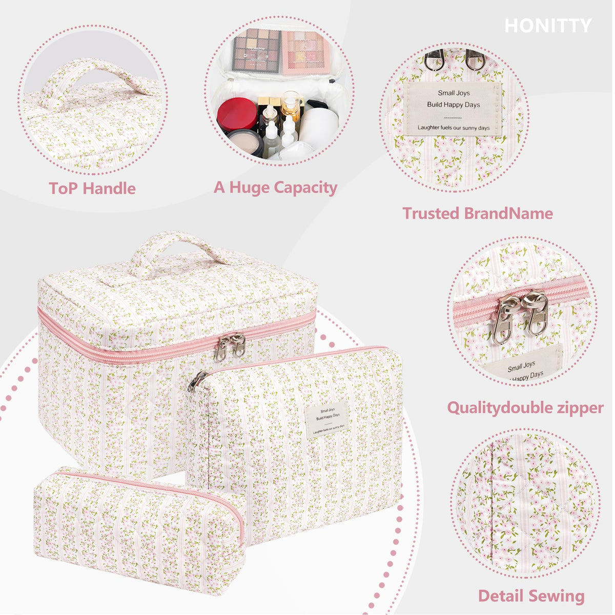 honitty floral makeup bag with zipper detail