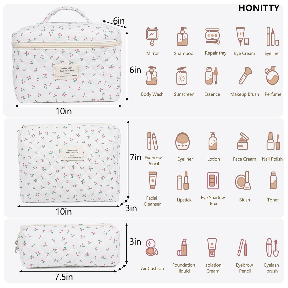 honitty floral makeup bags in three sizes arranged together