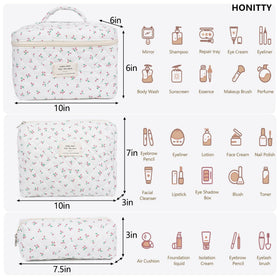 honitty floral makeup bags in three sizes arranged together