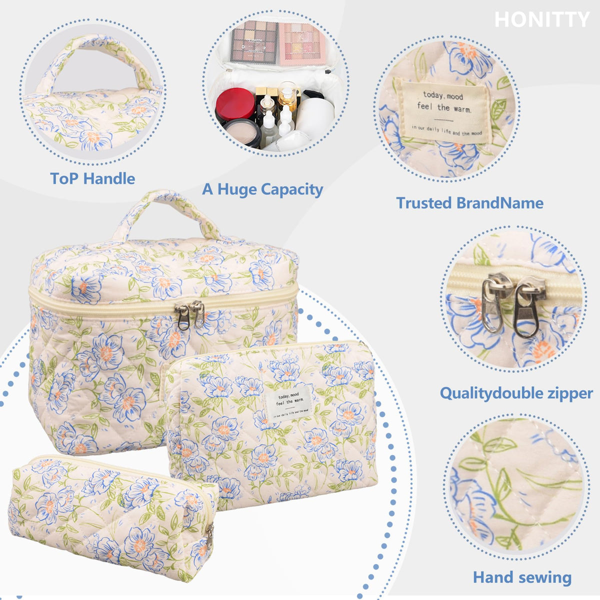 honitty Floral Quilted Makeup Bag close-up of fabric