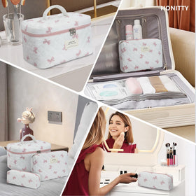 honitty Floral Quilted Makeup Bag Set displayed on a dressing table