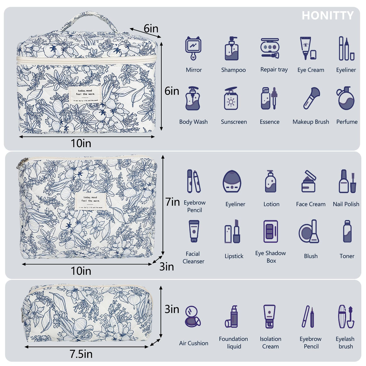 honitty Floral Quilted Makeup Bag Set in multiple sizes