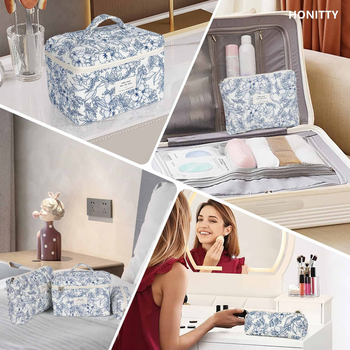 honitty Floral Quilted Makeup Bag Set on a dresser