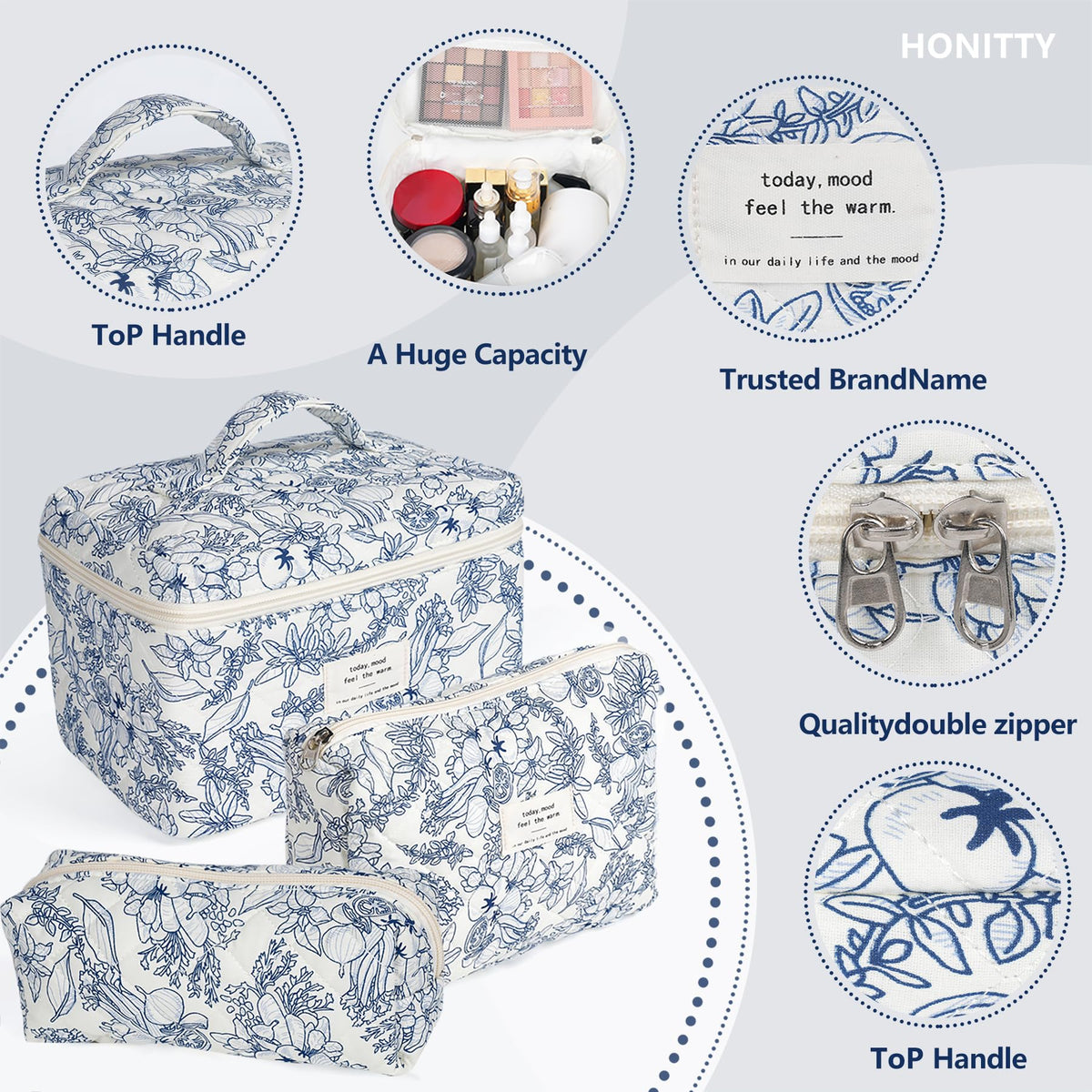 honitty Floral Quilted Makeup Bag Set packed in suitcase