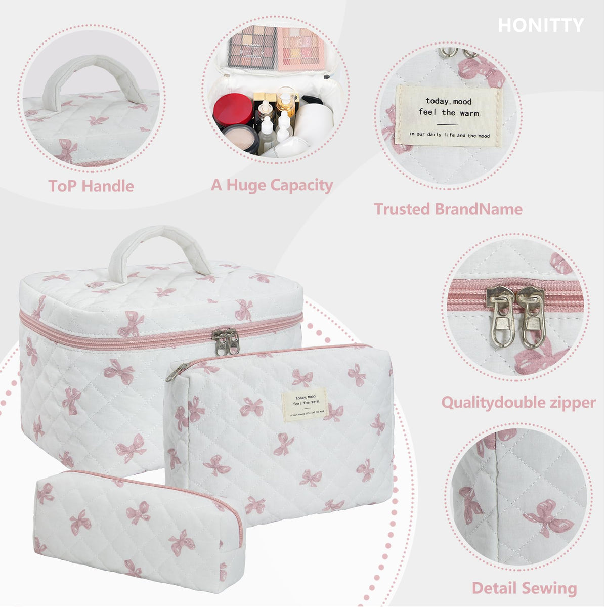 honitty Floral Quilted Makeup Bag Set with cosmetics