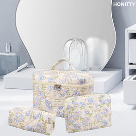 honitty Floral Quilted Makeup Bag with toiletries inside