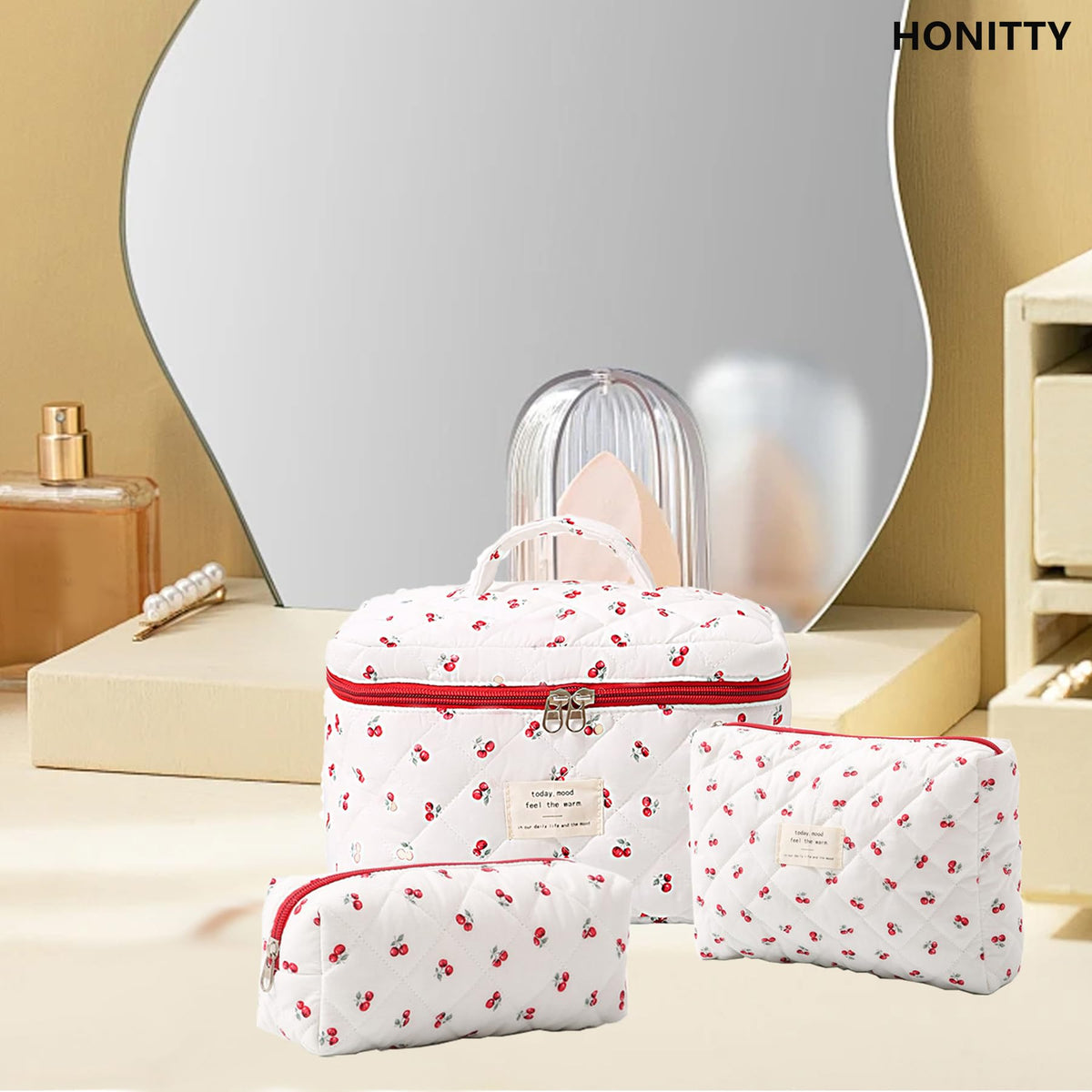 honitty makeup bag set on a dresser with cosmetics