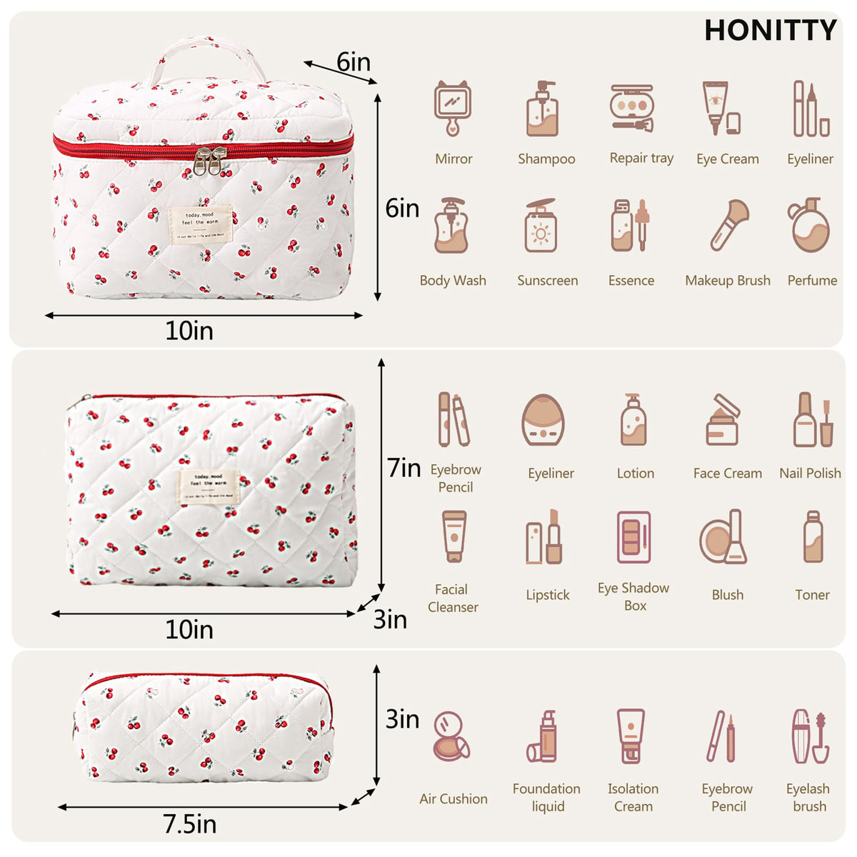 honitty makeup bag set showing three different sizes