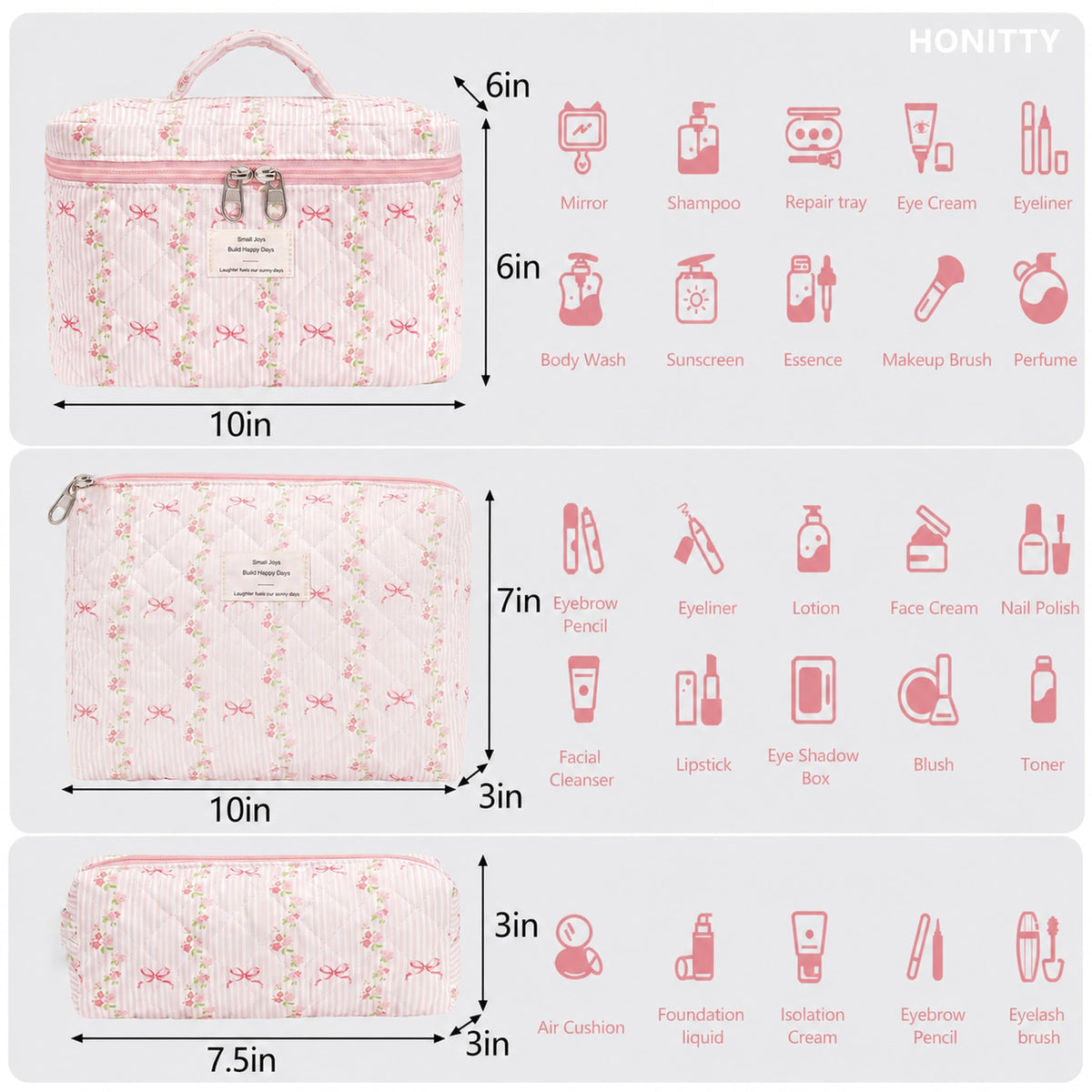 honitty Makeup Bag Set showing three sizes