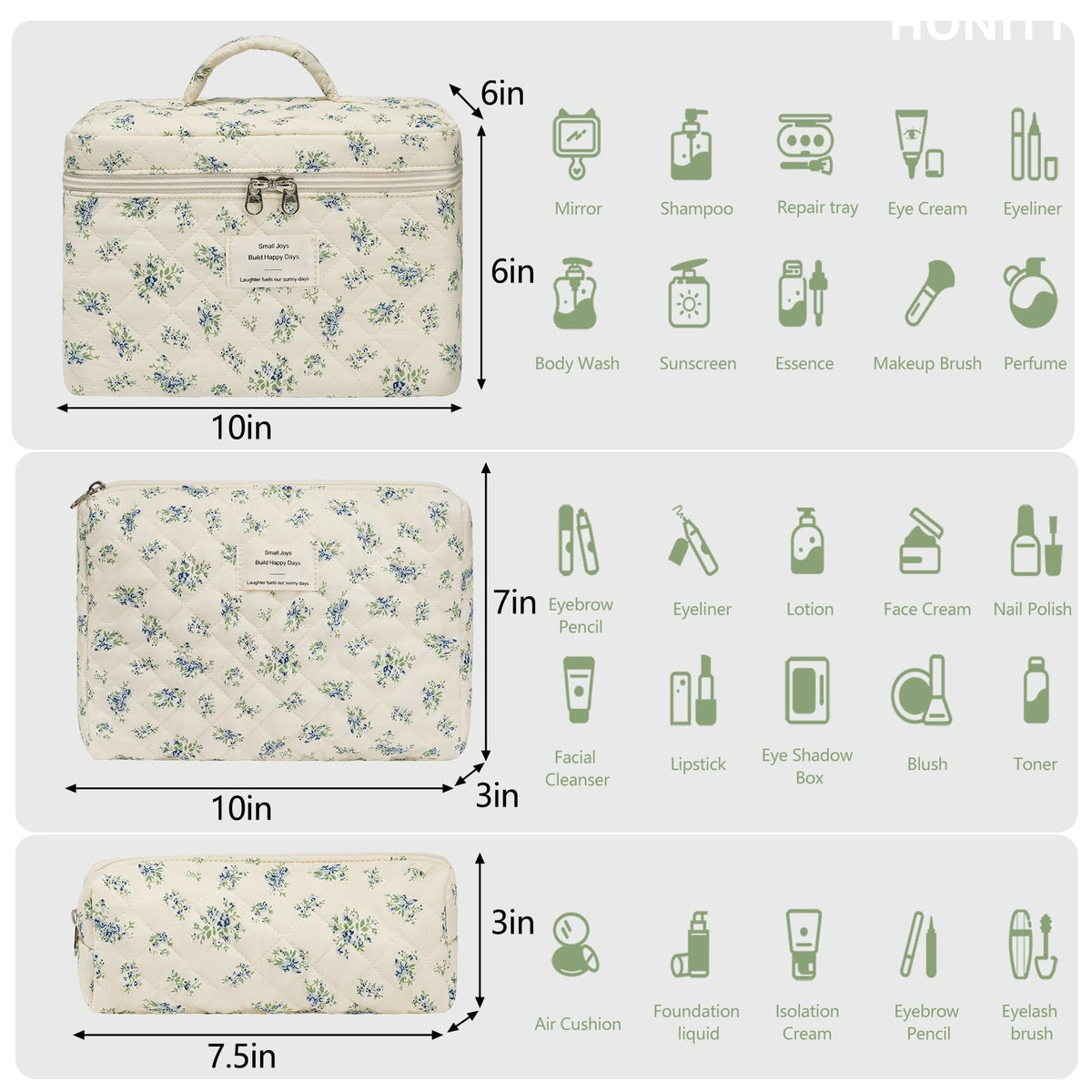 honitty makeup bag set showing three sizes
