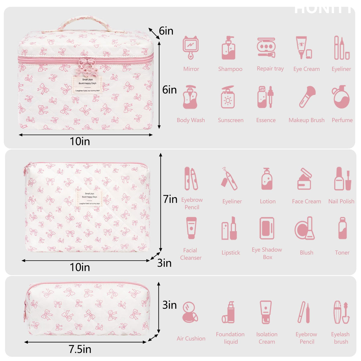 honitty makeup bag set showing three sizes