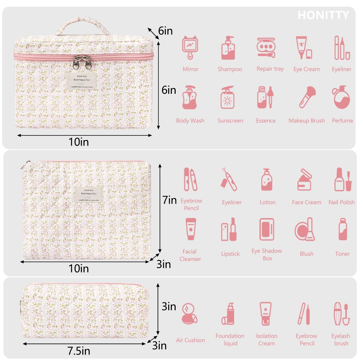 honitty makeup bag set three sizes displayed