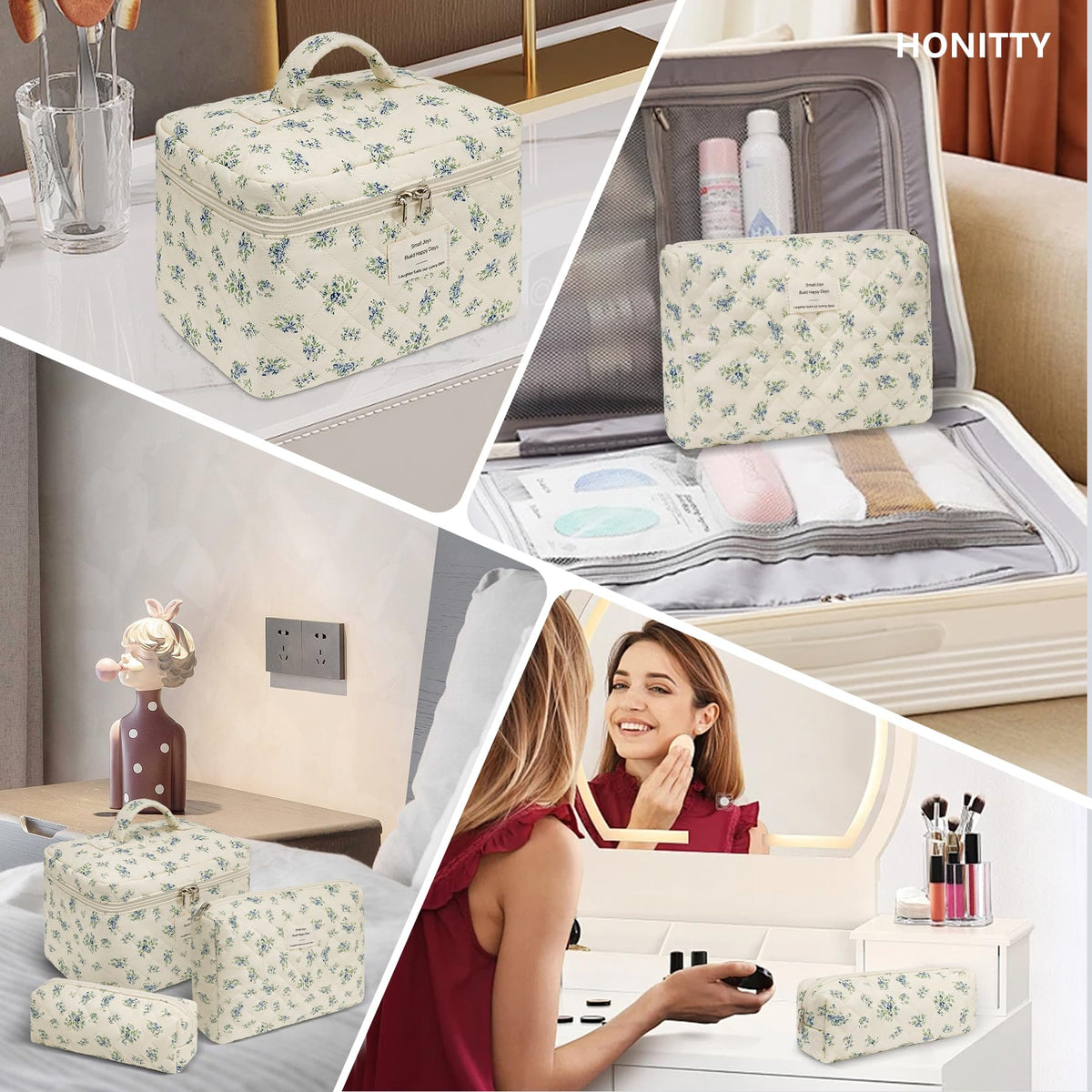 honitty makeup bag set with various cosmetics inside