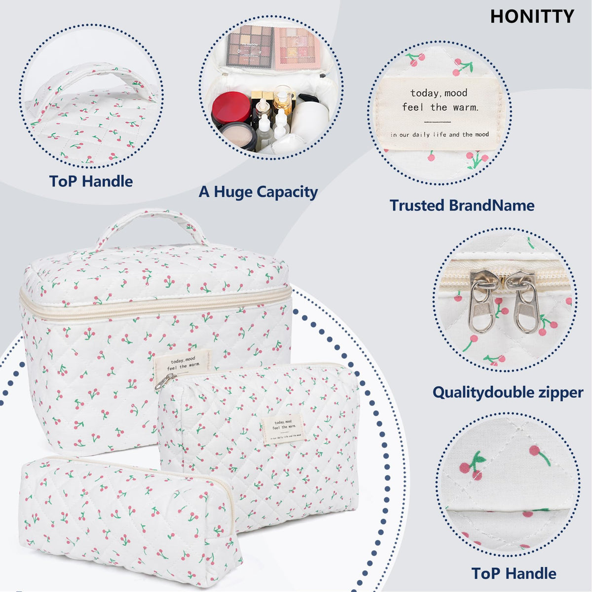 honitty quilted bag showing upgraded zip detail
