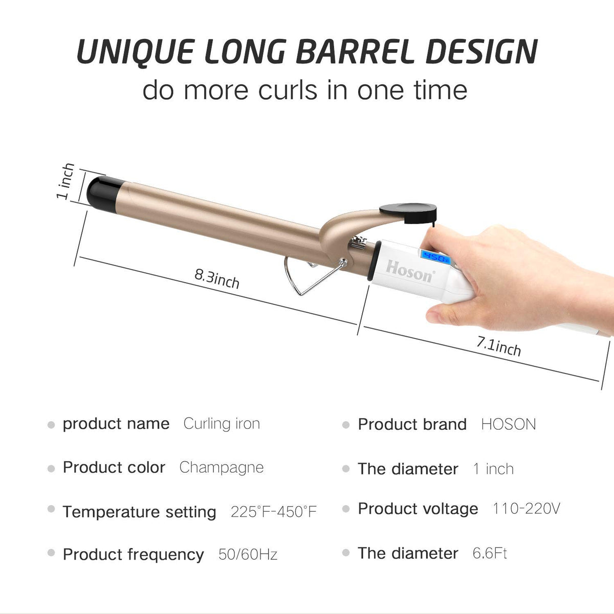 Hoson 1 Inch Curling Iron side view showing barrel length