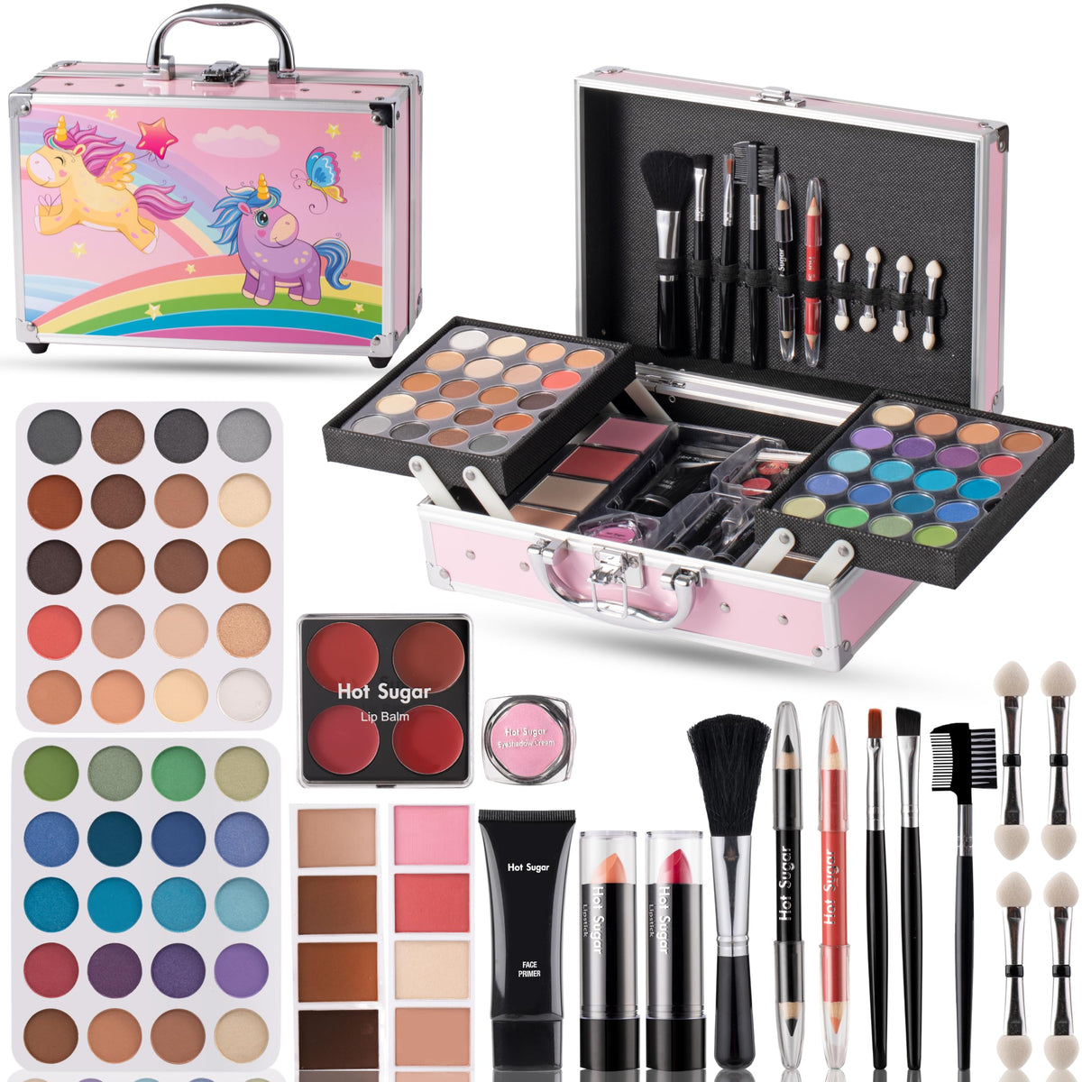 Hot Sugar Makeup Kit contents with 40 eyeshadows and accessories