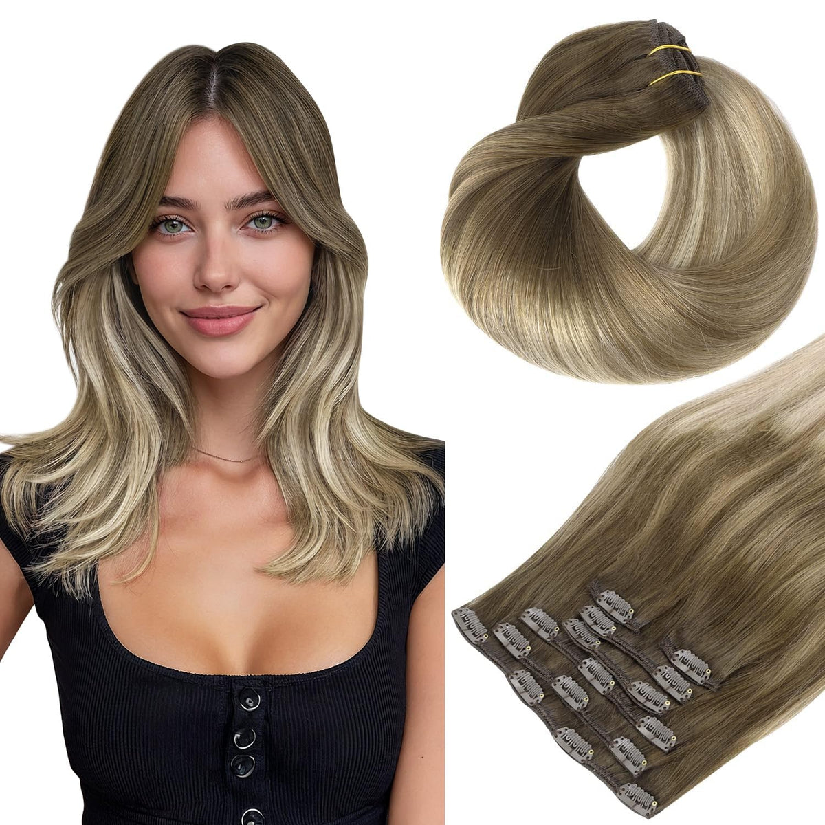 hotbanana Clip in Hair Extensions 14-inch #3/8/613 front view
